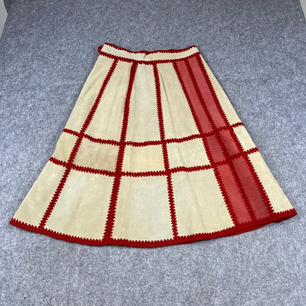 Vintage Young East Suede Patchwork Crochet Midi Skirt Red Tan Womens 13/14 Boho